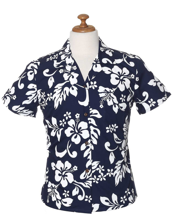 Fitted Hawaiian Blouse Island Hibiscus Navy