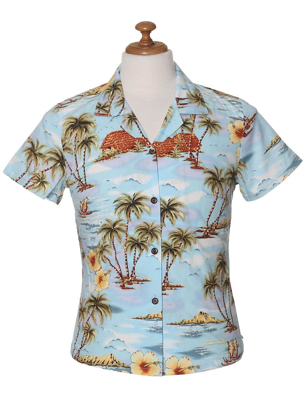 Fitted Hawaiian Blouse Paradise of Kauai Sky Blue