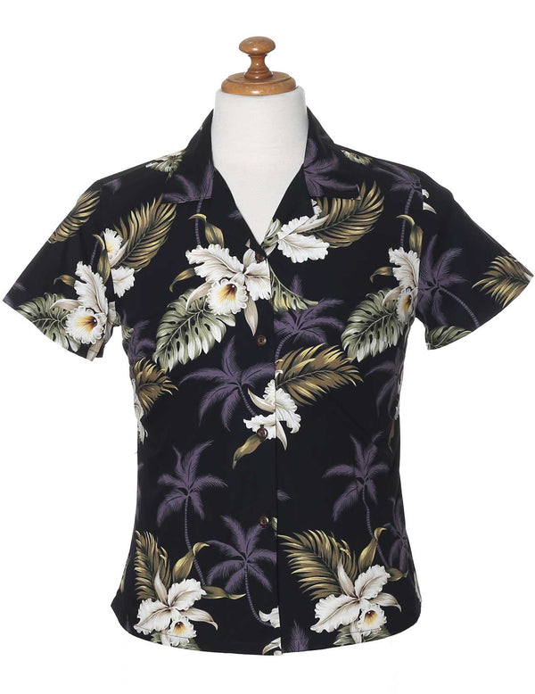 Fitted Hawaiian Blouse Orchids Makani Black