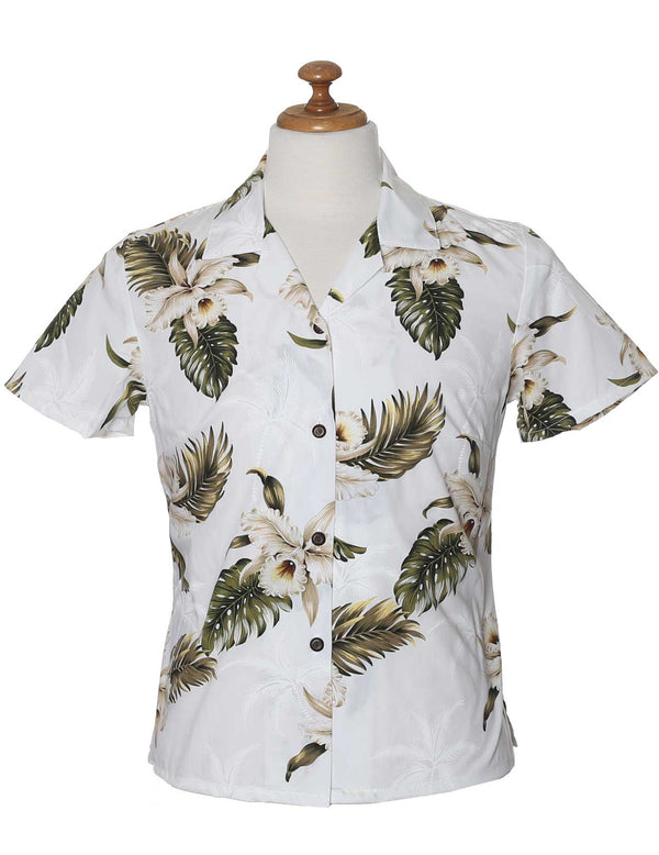 Fitted Hawaiian Blouse Orchids Makani White