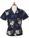Fitted Hawaiian Blouse Orchids Makani Navy