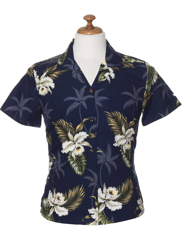 Fitted Hawaiian Blouse Orchids Makani Navy