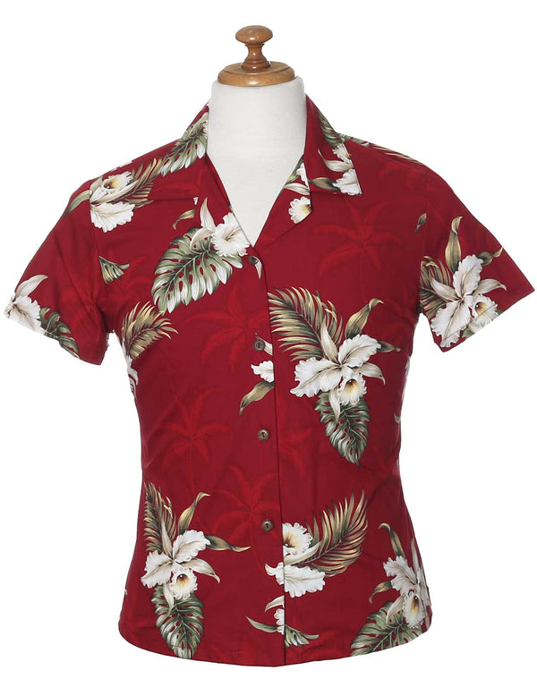 Fitted Hawaiian Blouse Orchids Makani Red