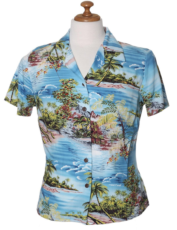 Hawaiian Hana Hou Scenic Rayon Shirt for Women Blue