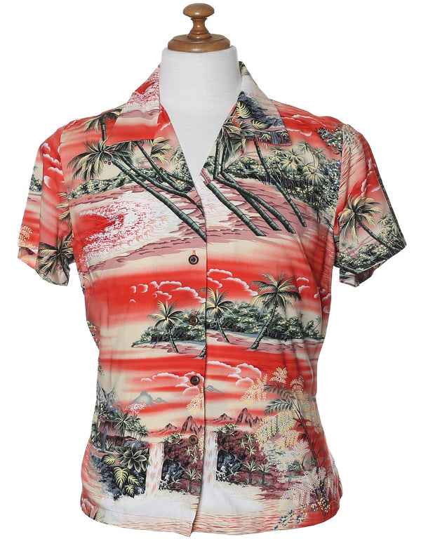 Hawaiian Hana Hou Scenic Rayon Shirt for Women Orange