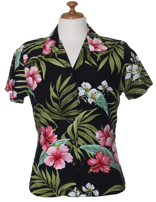 Rayon Hawaiian Shirt for Women Nalani Design Black