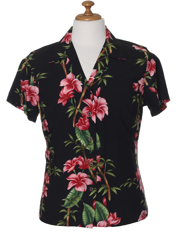Hawaiian Rayon Shirt for Women Bamboo Hibiscus Island Black