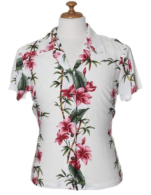 Hawaiian Rayon Shirt for Women Bamboo Hibiscus Island White