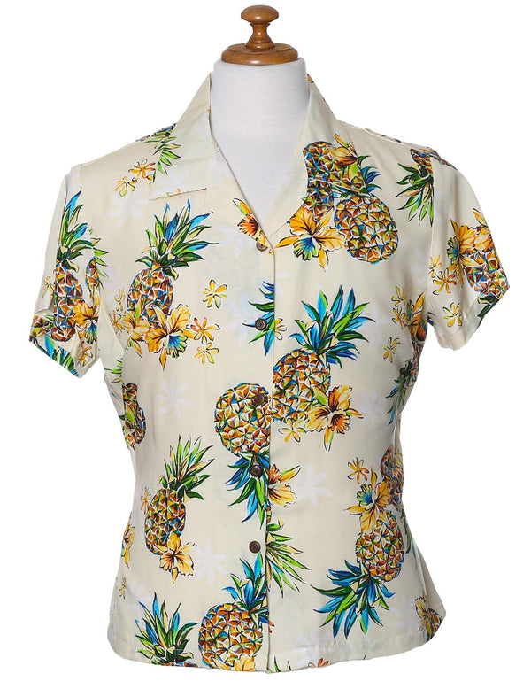 Women's Fitted Hawaiian Shirt Golden Pineapples Cream