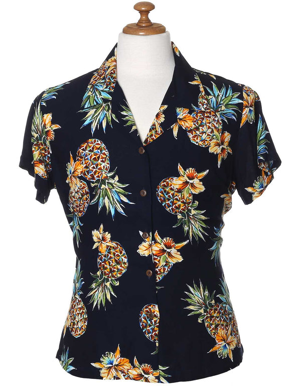 Women's Fitted Hawaiian Shirt Golden Pineapples Navy