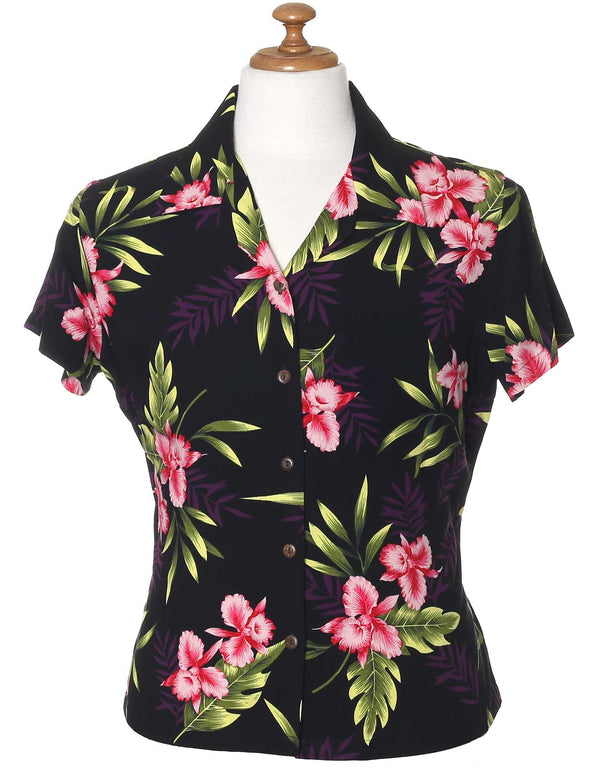 Okalani Fitted Hawaiian Shirt for Women Black