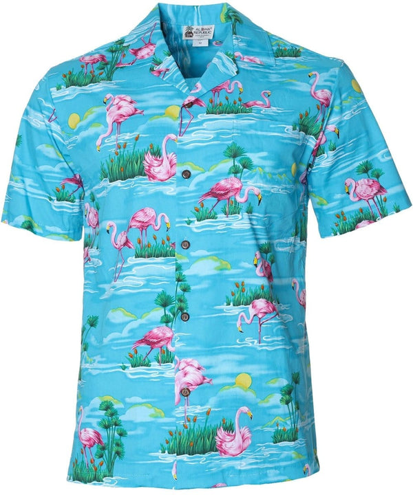 Flamingos Pond Aloha Shirt Light Blue