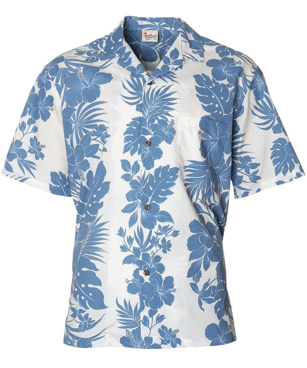 Flower Lei Poly Cotton Hawaii Aloha Shirt Blue