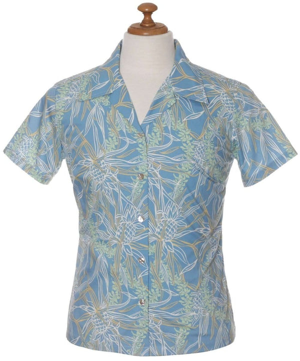 Fresh Pineapples Women Fitted Hawaiian Blouse Light Blue