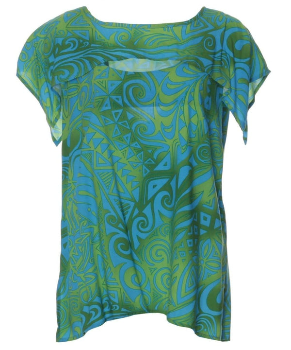 Front Cutout Scarf Top Blouse Tribal Aqua