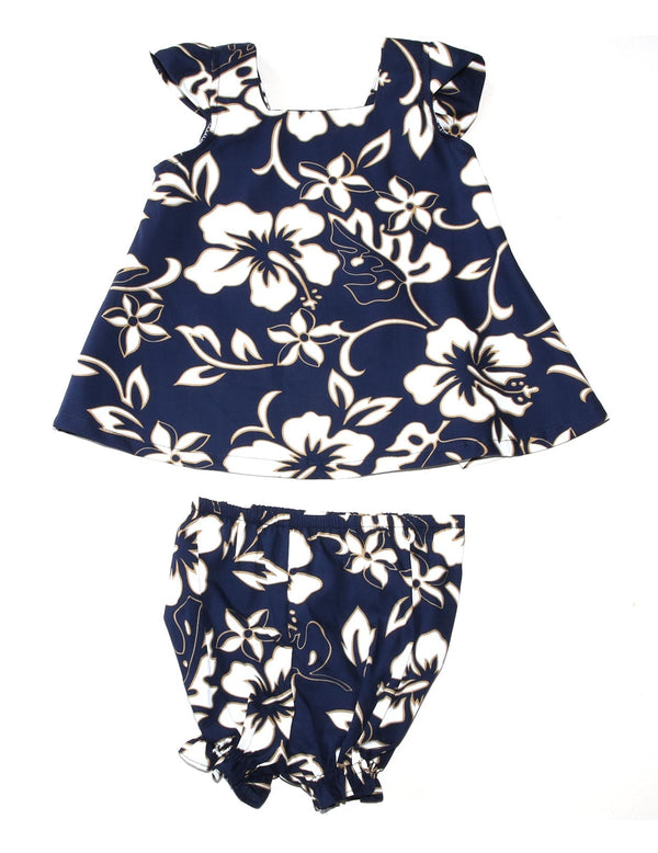 Baby Girl Clothes 2 Piece Hawaii Capri Set Classic Hibiscus Pareo Navy
