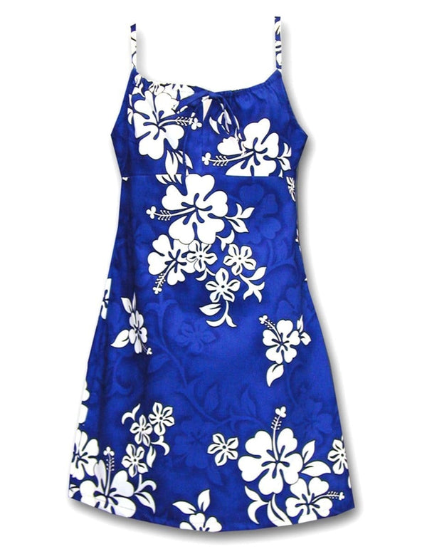 Girls Dress Spaghetti Traps Tropical Hibiscus Blue