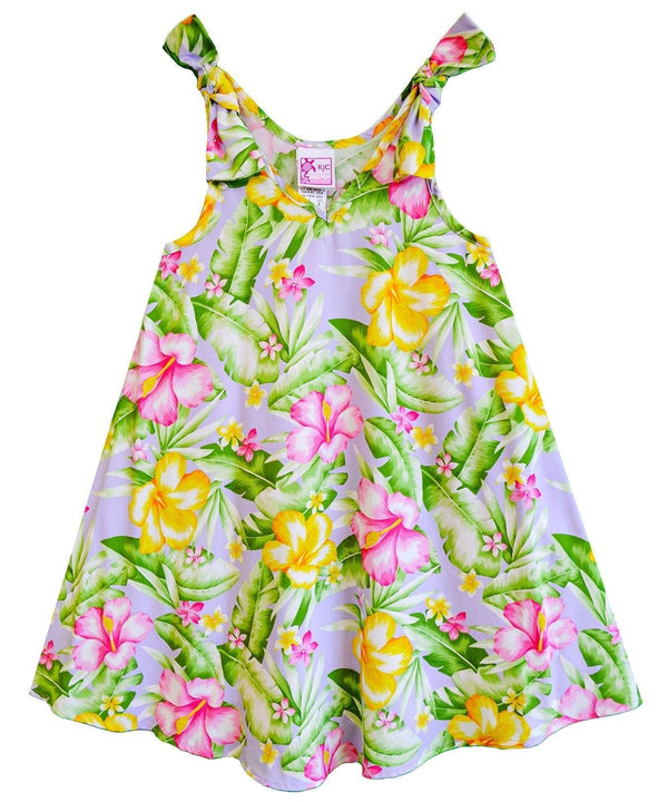 Girls Flared Tank Hawaiian Dress with Shoulder Ties Watercolor Hibiscus