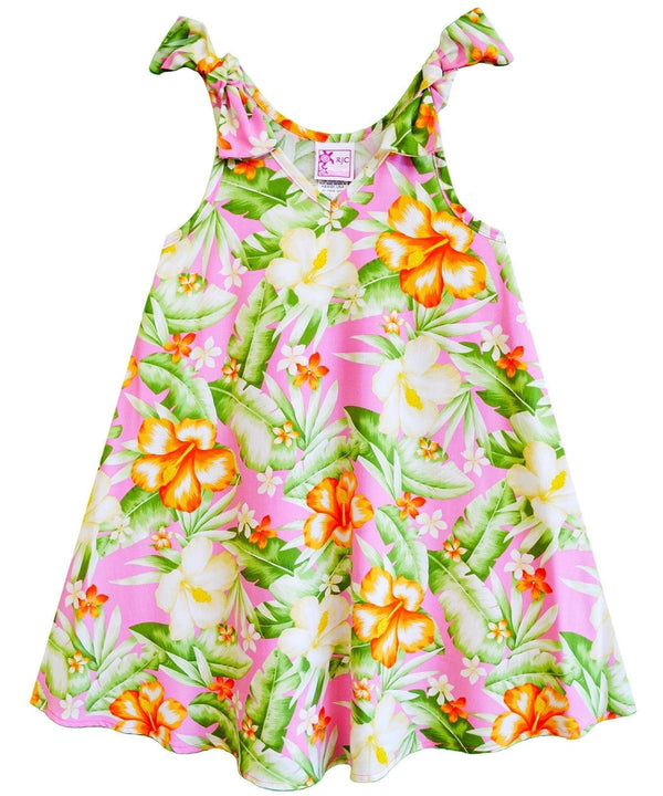 Girls Flared Tank Hawaiian Dress with Shoulder Ties Watercolor Hibiscus Pink
