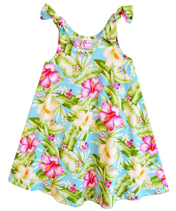 Girls Flared Tank Hawaiian Dress with Shoulder Ties Watercolor Hibiscus Purple