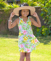 Girls Flared Tank Hawaiian Dress with Shoulder Ties Watercolor Hibiscus