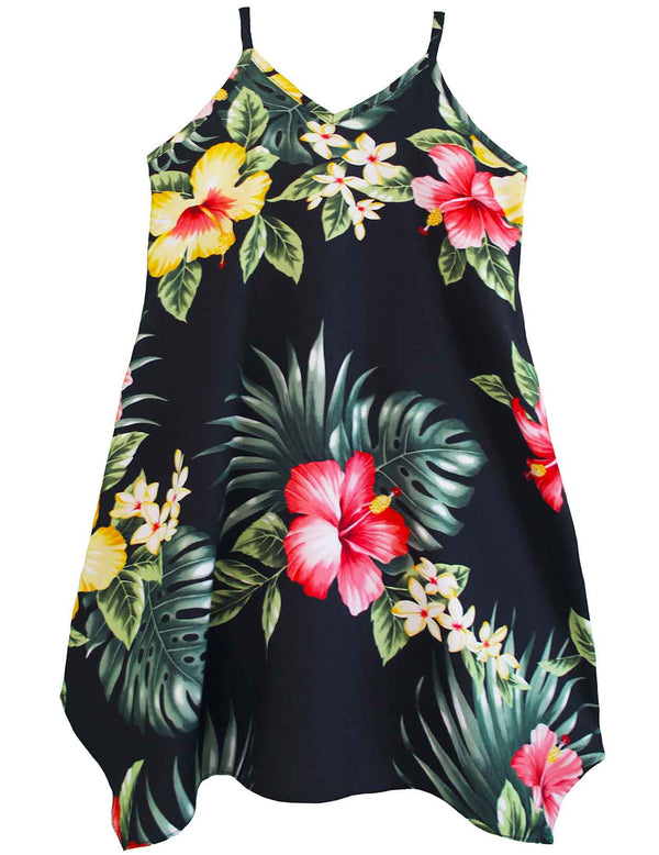 Girls flower Dress with Scarf Hem Lihue Hibiscus Black RJC