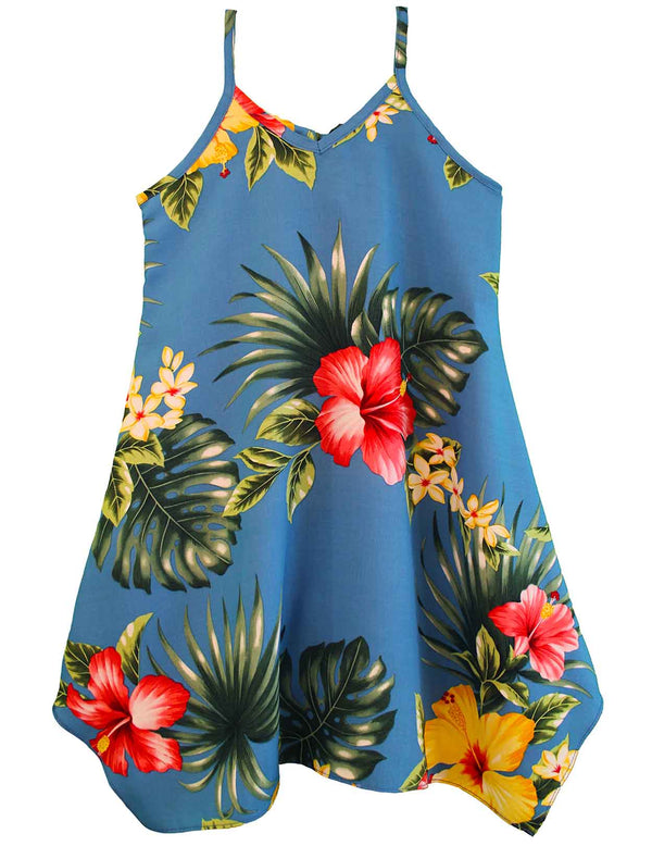 Girls flower Dress with Scarf Hem Lihue Hibiscus Blue RJC