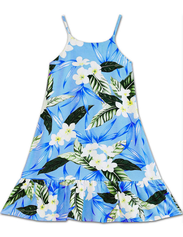 Girls Sundress with Ruffle Hem Plumeria Maile Sky Blue