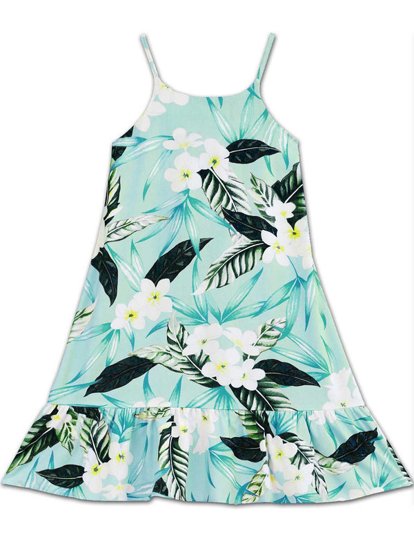 Girls Sundress with Ruffle Hem Plumeria Maile Sage