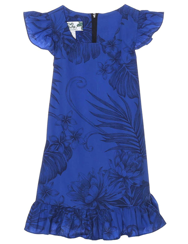 Girls Flower Dress Hawaiian Monstera Blue