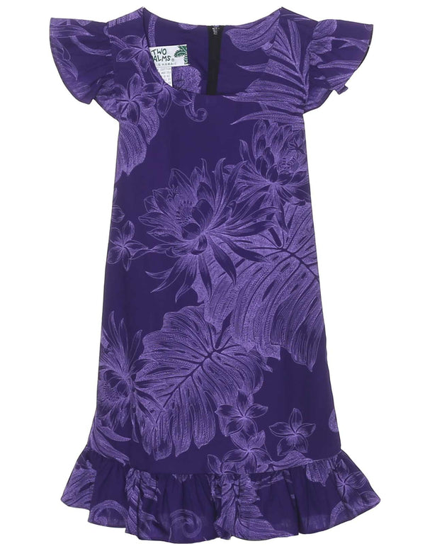 Girls Flower Dress Hawaiian Monstera Purple