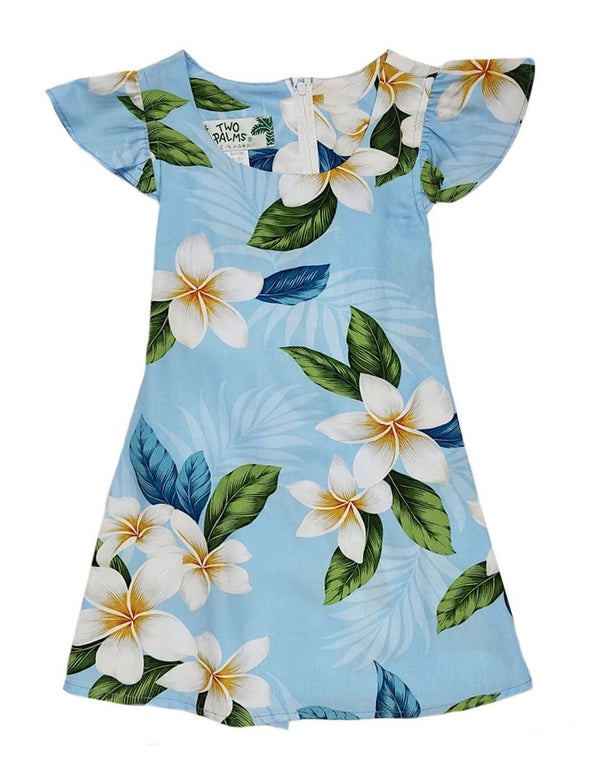 Girl's Flower Dress Plumeria Sky Blue Light Blue