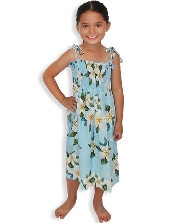 Girl's Flower Dress Plumeria Sky with Smock Top Sky Blue