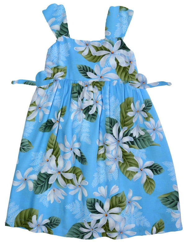 Girl's Hawaiian Dress White Tiare with Bungee Straps Light Blue RJC