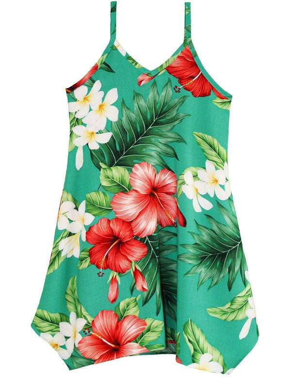 Girls Hawaiian Flower Dress with Scarf Hem Hibiscus Aqua RJC