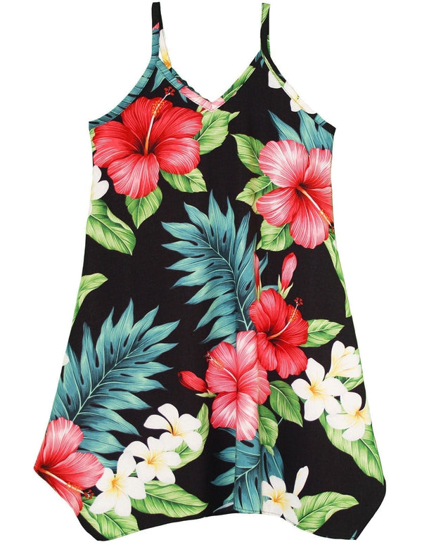Girls Hawaiian Flower Dress with Scarf Hem Hibiscus Black RJC