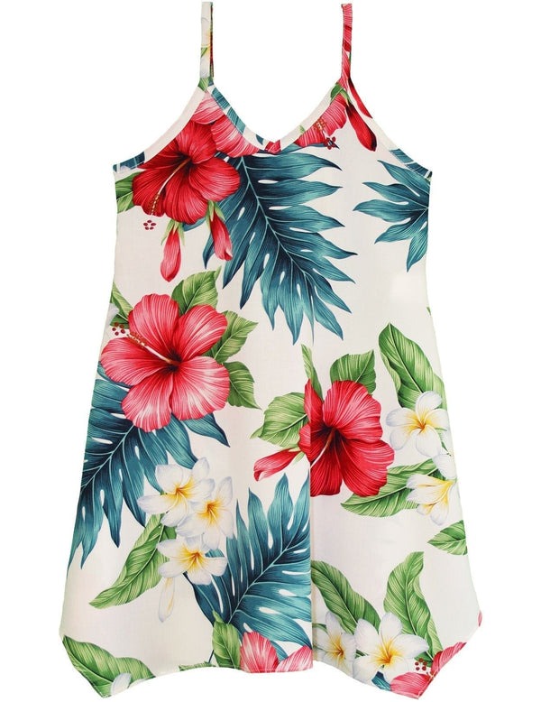 Girls Hawaiian Flower Dress with Scarf Hem Hibiscus White RJC