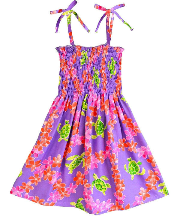 Girl's Hawaiian Smock Dress Plumeria Honu Lavender