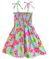 Girl's Hawaiian Smock Dress Plumeria Honu Turquoise