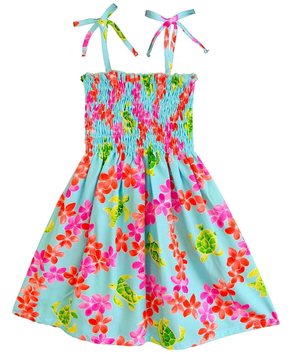 Girl's Hawaiian Smock Dress Plumeria Honu Turquoise