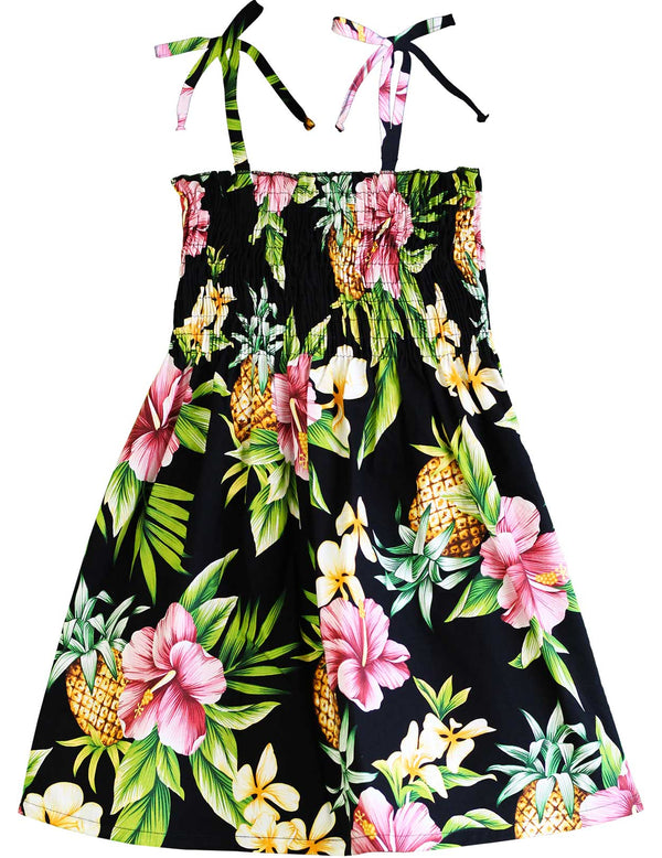 Girls Smock Hawaiian Dress Hibiscus Pineapples Valley Black