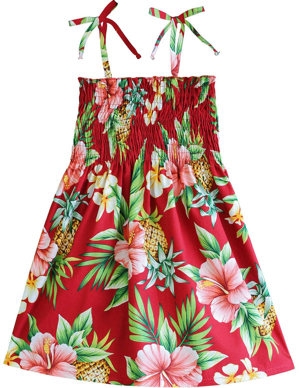 Girls Smock Hawaiian Dress Hibiscus Pineapples Valley Red