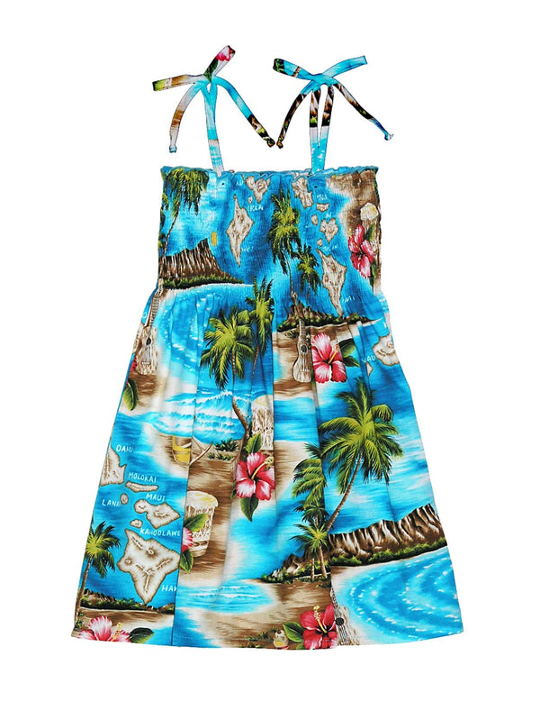 Girls Tube Top Smock Dress Hawaii Polynesian Turquoise