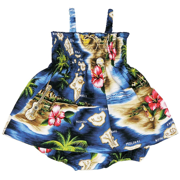 2 Piece Girls Set Smock Top Hawaii Polynesian Navy