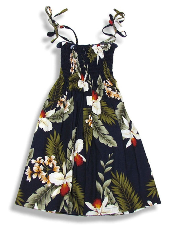 Girl's Tube Top Hanapepe Dress with Orchids Navy