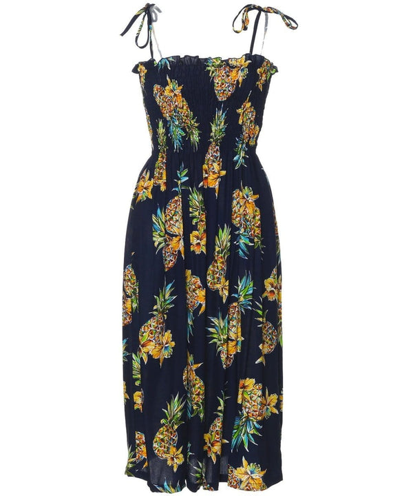 Golden Pineapples Smock Hawaiian Dress Navy Fits XS to XL (2-16)
