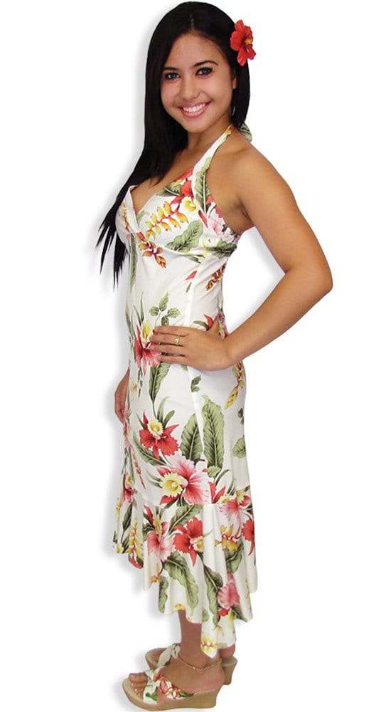 Halter Dress Tea Length Orchid Pua Beige