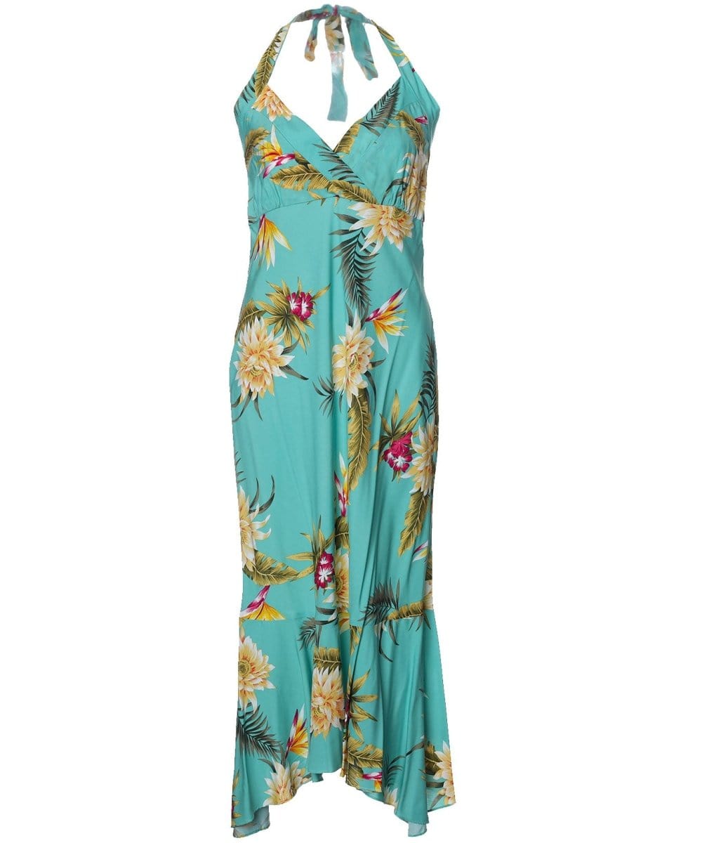 Halter Open Back Hawaiian Dress Tea Length Island Ceres Green / L Halter Open Back Hawaiian Dress Tea Length Island Ceres Green / L