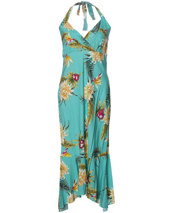 Halter Open Back Hawaiian Dress Tea Length Island Ceres Green