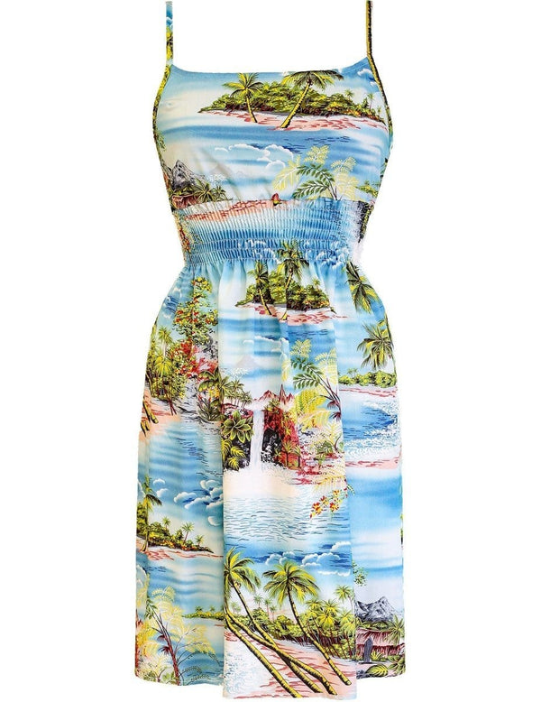 Hana Hou Empire Smocked Short Hawaiian Dress Blue RJC
